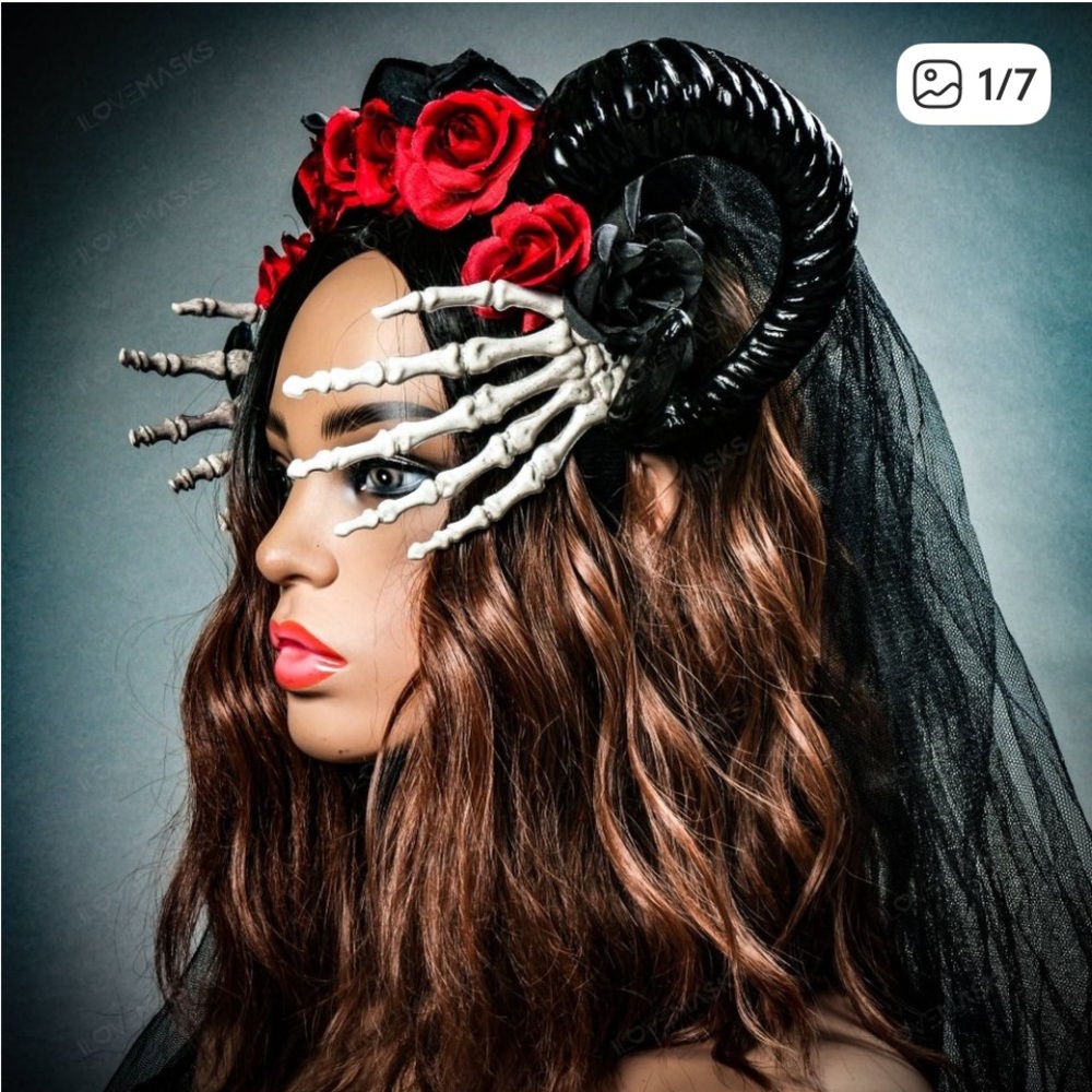 Black Horned Headpiece with Red Roses